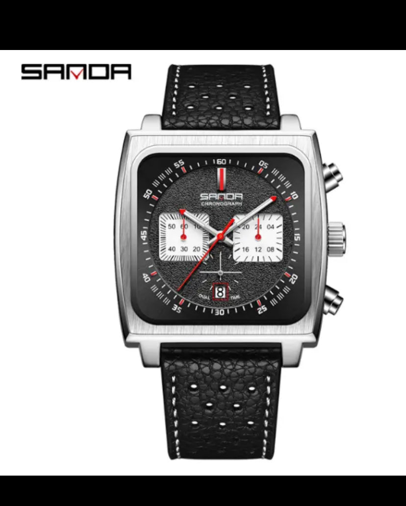 SANOR Monaco Chronograph Calibre 12 Men Luxury Quartz Leather Strap Square Watch