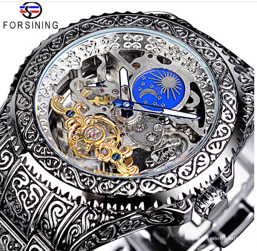 Luxury Men's Watch Automatic Watch Silver Skeleton Watches Mechanical Moon Phase