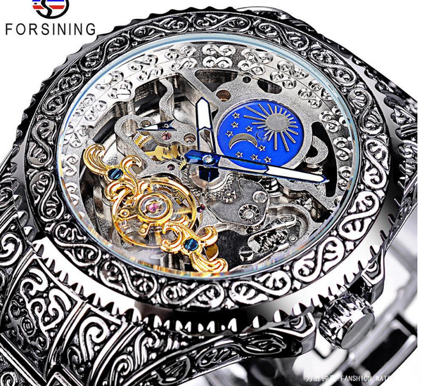 Luxury Men's Watch Automatic Watch Silver Skeleton Watches Mechanical Moon Phase