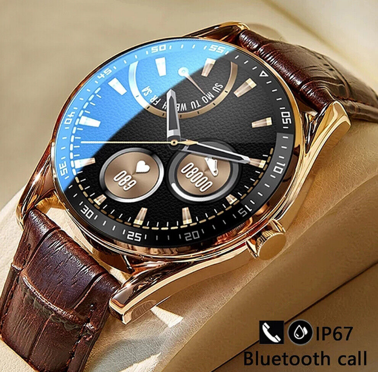 Dial Call Smart Watch Touch Screen Real Leather Strap Fitness Tracker Heart Rate