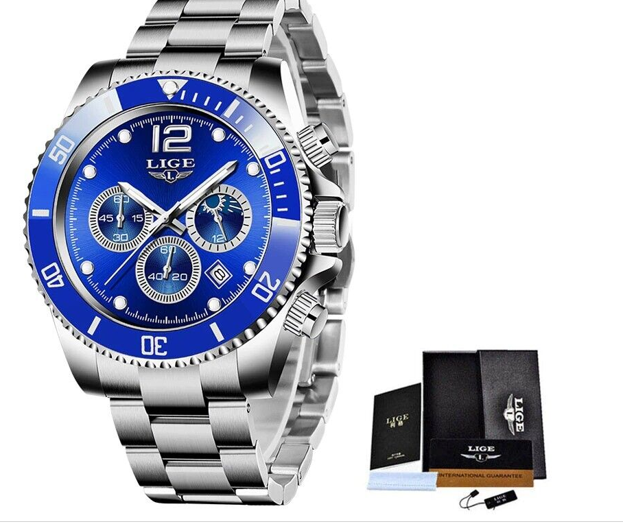 LIGE Mens Luxury Watch Stainless Steel Chronograph Quartz Date Sports Gift UK