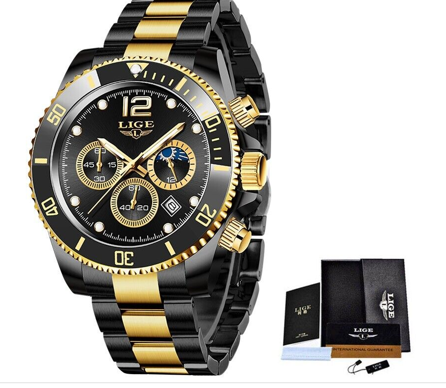 LIGE Mens Luxury Watch Stainless Steel Chronograph Quartz Date Sports Gift UK