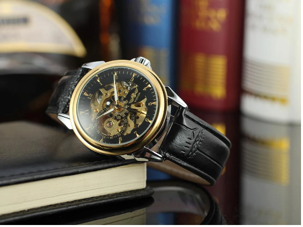 Mens Self-winding Watch Automatic Mechanical Military Black Leather Hollow Watch