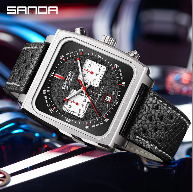 Black Monaco Chronograph Calibre 12 Men's Luxury Quartz Leather Square Watches