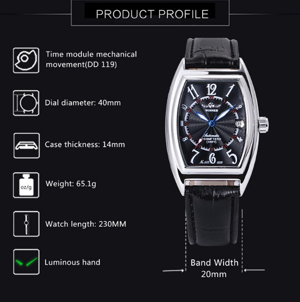 Winner Automatic Mechanical Watch Business Stainless Steel Leather Mens Watches