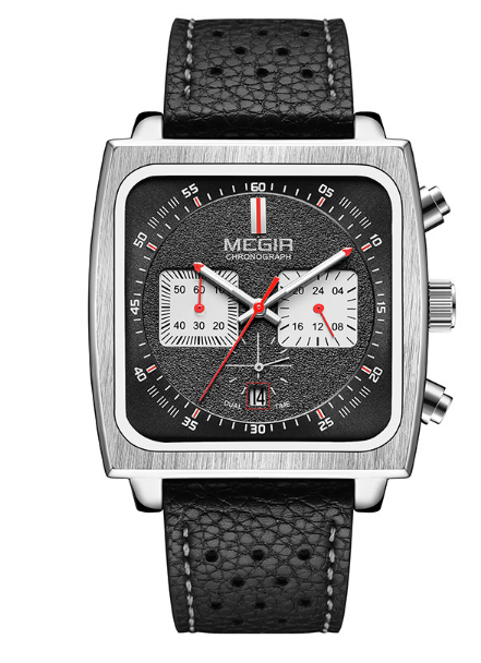 MEGIR Monaco Chronograph Calibre 12 Men Luxury Quartz Strap Watch Leather Black