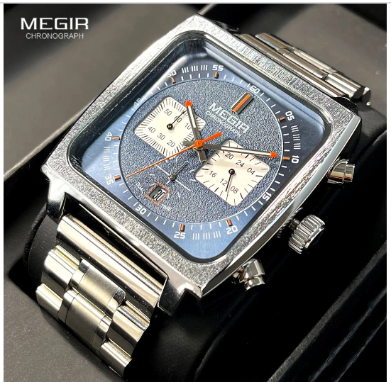 MEGIR Monaco Chronograph Calibre 12 Mens Luxury Quartz Steel Strap Watch New UK