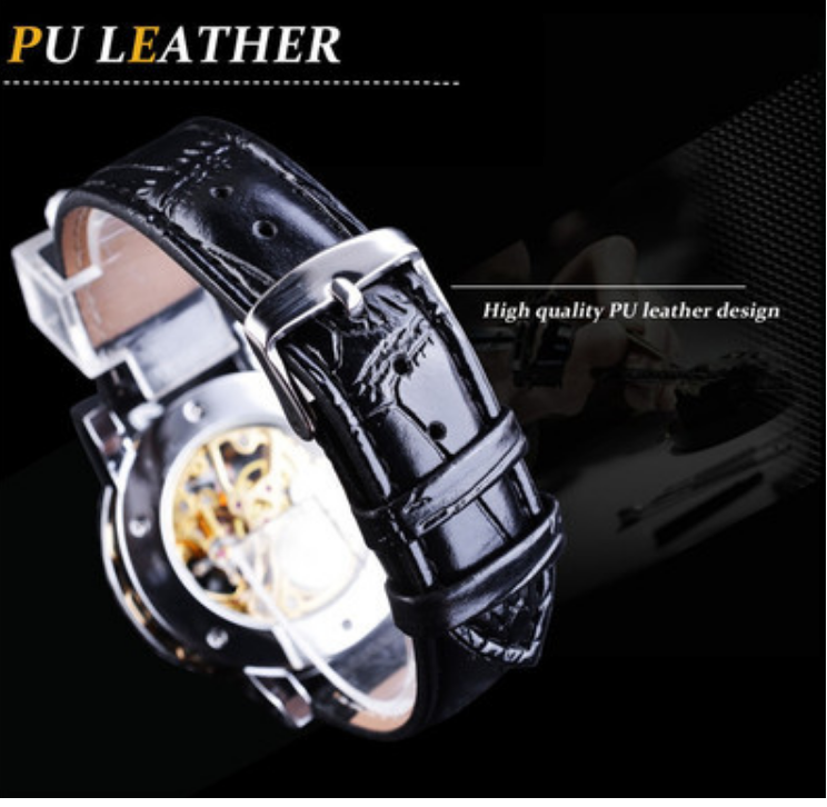 Men's Sport Mechanical Skeleton See Through Steampunk Leather Strap Wrist Watch