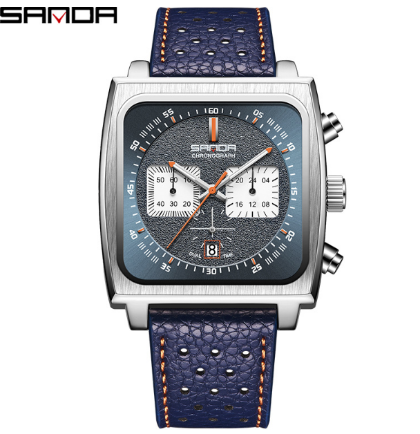 SANOR Monaco Chronograph Calibre 12 Men Luxury Quartz Leather Strap Square Watch