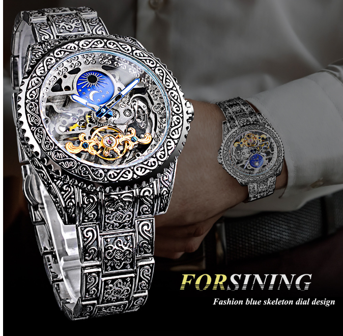 Luxury Men's Watch Automatic Watch Silver Skeleton Watches Mechanical Moon Phase