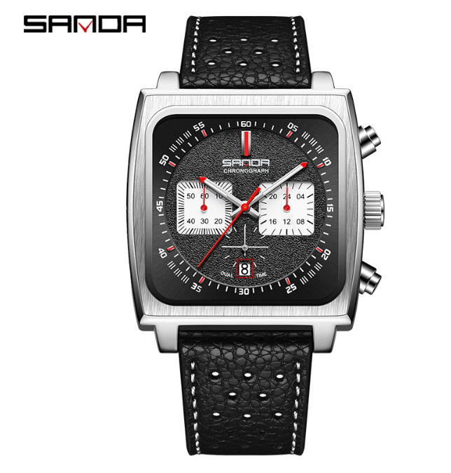 Black Monaco Chronograph Calibre 12 Men's Luxury Quartz Leather Square Watches