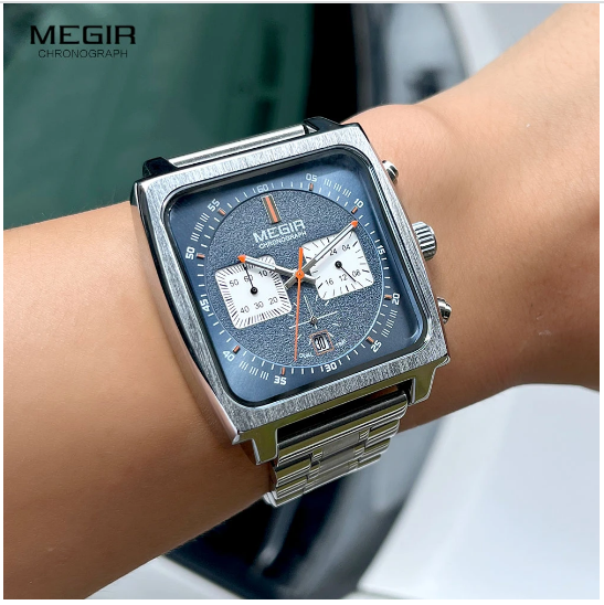 MEGIR Monaco Chronograph Calibre 12 Mens Luxury Quartz Steel Strap Watch New UK