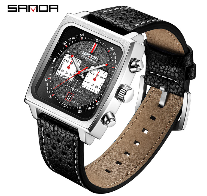 Black Monaco Chronograph Calibre 12 Men's Luxury Quartz Leather Square Watches