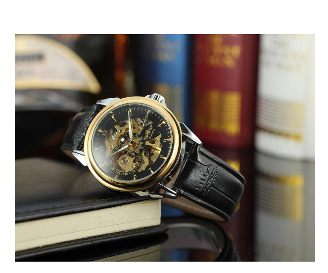 Mens Self-winding Watch Automatic Mechanical Military Black Leather Hollow Watch