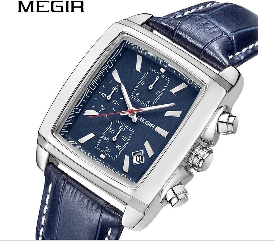 MEGIR Monaco Chronograph Calibre 12 Mens Luxury Quartz Leather Strap Watch New