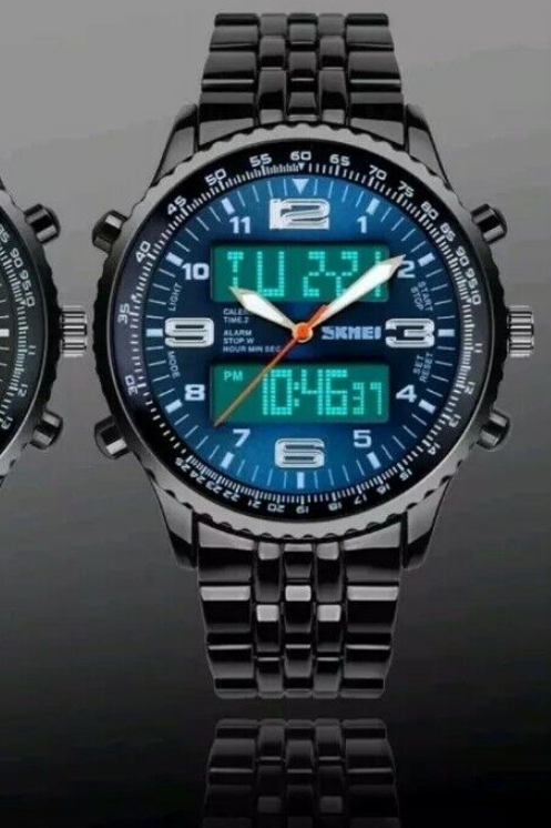 Luxury Men's Analog Digital Stainless Steel LED Army Military Sport Watch-Blue