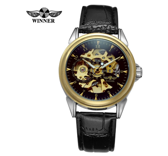 Mens Self-winding Watch Automatic Mechanical Military Black Leather Hollow Watch