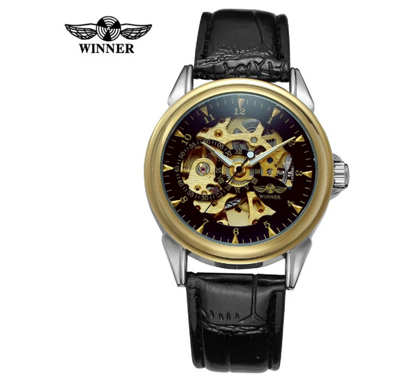 Mens Self-winding Watch Automatic Mechanical Military Black Leather Hollow Watch